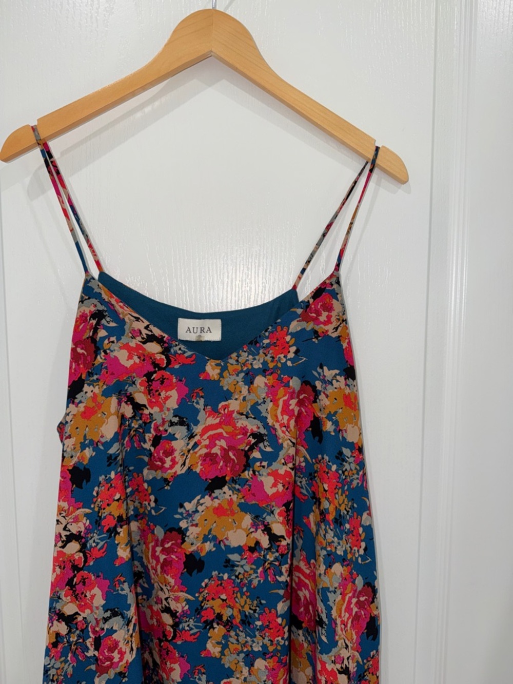 Aura Teal Floral Slip Dress with Pink & rust  Blooms size large - Picture 2 of 5